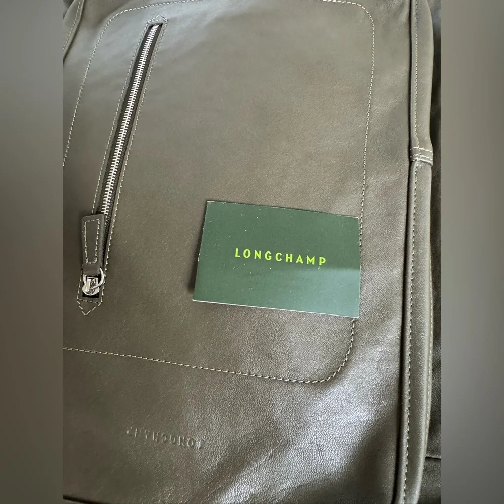Longchamp Army Green Leather Backpack